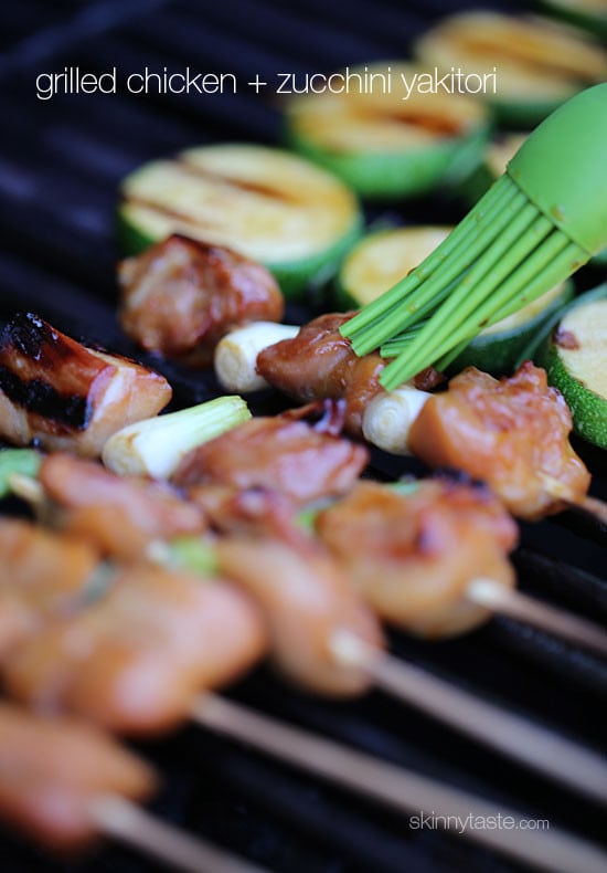 Grilled Chicken and Zucchini Yakitori – Japanese inspired grilled chicken and zucchini skewers marinated with yakitori sauce and threaded onto bamboo sticks with green onions. 
