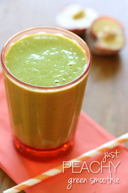 This peach and banana green smoothie with hemp seeds and baby spinach is a quick and nutritious breakfast without having to cook a thing!