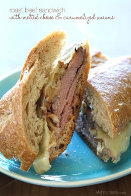 If only this photo could capture just how incredibly delicious this garlic infused roast beef sandwich is with melted Swiss cheese and sweet caramelized onions!