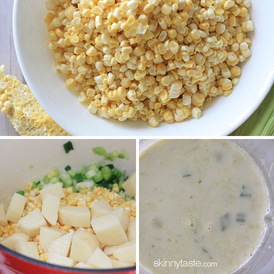 A comforting creamy corn soup made with fresh sweet summer corn, low fat milk, thickened with a potato and topped with crumbled queso fresco and fresh cilantro.