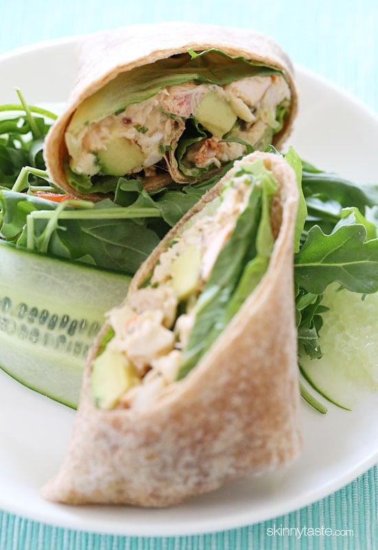 Chipotle lobster salad with avocado, scallions, cilantro and lettuce on a whole wheat wrap – fabulous!!