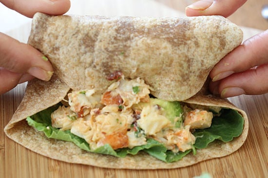Chipotle lobster salad with avocado, scallions, cilantro and lettuce on a whole wheat wrap – fabulous!!