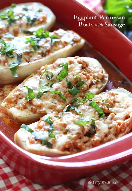 A fun, easy twist on eggplant parmesan - these eggplant "boats" are hollowed out and stuffed with sweet Italian chicken sausage and tomato sauce, then topped with melted mozzarella – SOOOO good!