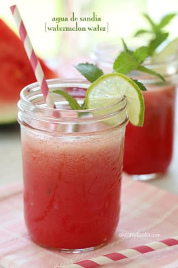 Agua Fresca – Can't think of anything more thirst quenching than this on a hot summer day – chilled watermelon puree, a squeeze of lime, over a glass of ice.