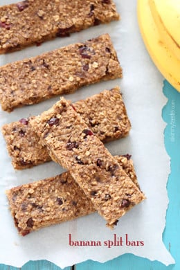 The heart-healthy power bars have all the ingredients one might have on a banana split: made with quinoa, rolled oats, dried cherries, nuts and honey.
