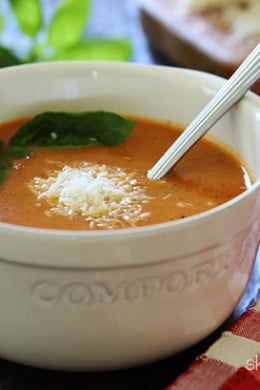 This creamy, rich crock pot tomato soup is made in the slow cooker with tomatoes, herbs, milk and Pecorino Romano cheese, plus the cheese rind for added flavor.