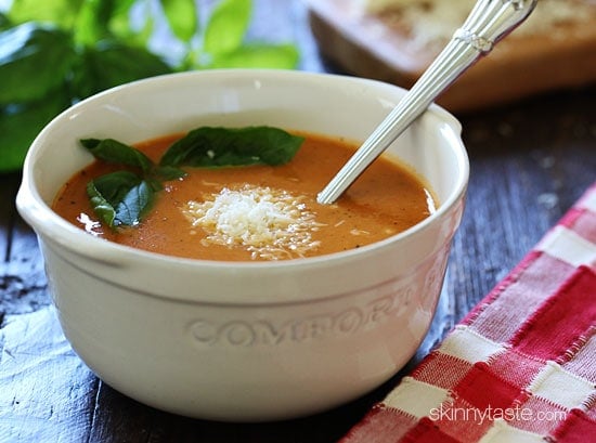 A white bowl of crockpot tomato soup