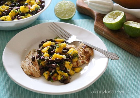 Grilled chicken breast, seasoned with cumin, spices and topped with a fresh salsa made with sweet mango, protein-rich black beans, lime and cilantro for flavor.