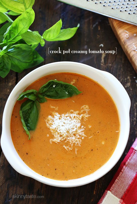 This creamy, rich crock pot tomato soup is made in the slow cooker with tomatoes, herbs, milk and Pecorino Romano cheese, plus the cheese rind for added flavor.