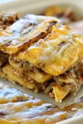 Turkey Pastelón is a latin lasagna made of strips of sweet plantain layered with savory picadillo and cheese. It's that sweet salty thing that makes it taste SO good!