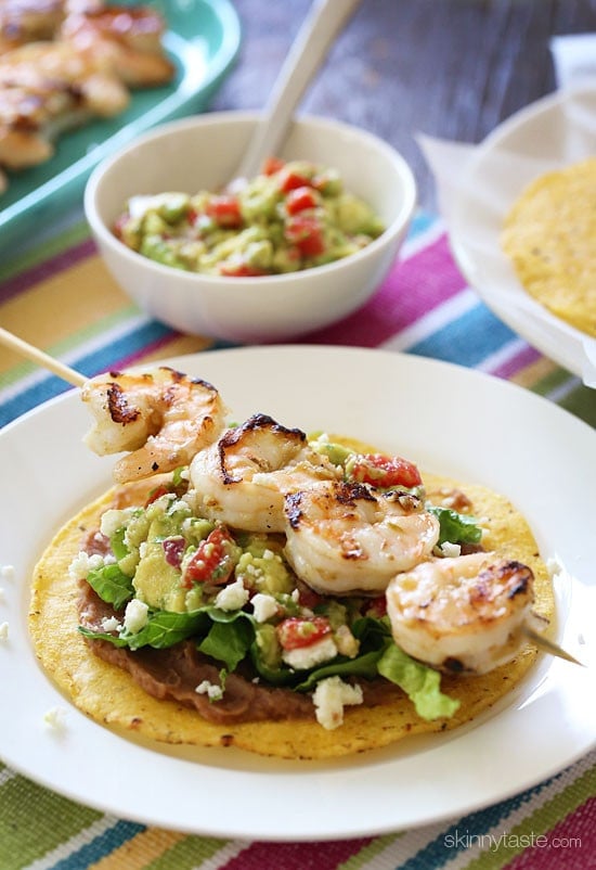 Grilled Shrimp Tostadas – I make these indoors on my little grill pan, super easy and delish!
