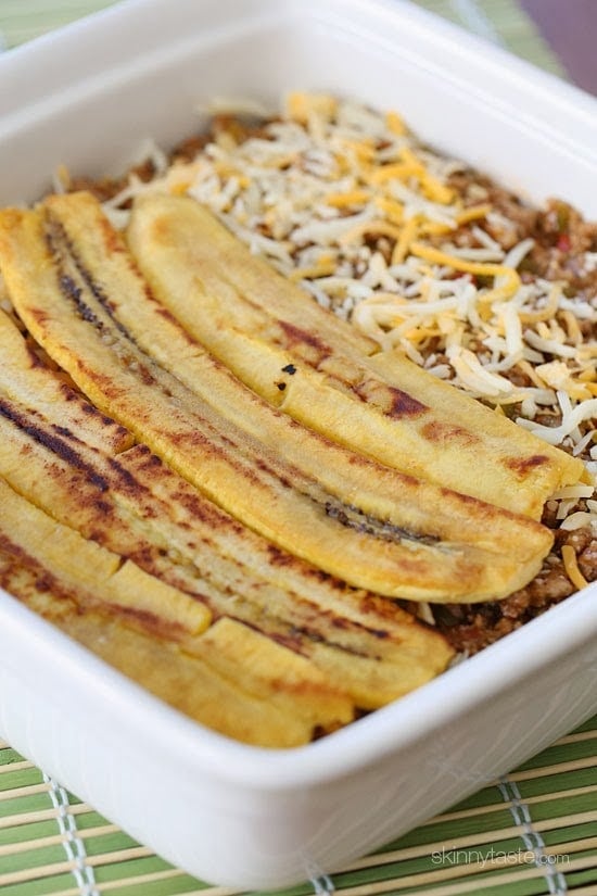 Turkey Pastelón is a latin lasagna made of strips of sweet plantain layered with savory picadillo and cheese. It's that sweet salty thing that makes it taste SO good!