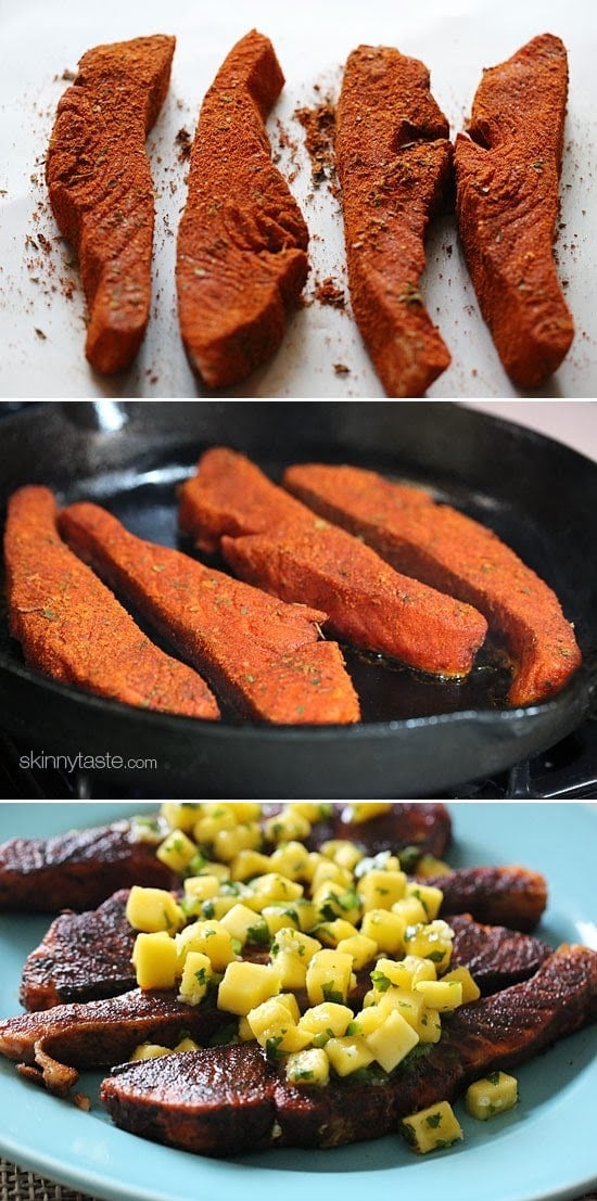 Four seasoned salmon fillets, four seasoned salmon fillets cooking in a cast-iron skillet, a platter with blackened salmon fillets topped with mango salsa