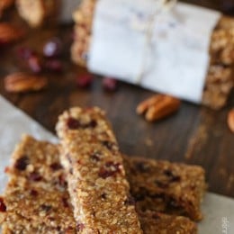 Chewy bars with chunks of toasted pecans and dried cranberries combined with toasted oats, almond butter and pure maple syrup. I'm in LOVE with these bars!