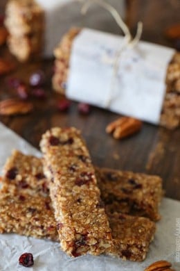 Chewy bars with chunks of toasted pecans and dried cranberries combined with toasted oats, almond butter and pure maple syrup. I'm in LOVE with these bars!