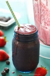 This delicious PB + J Smoothie is made with strawberries, blueberries, peanut butter and almond milk – and it's my favorite smoothie to order when I'm in my gym