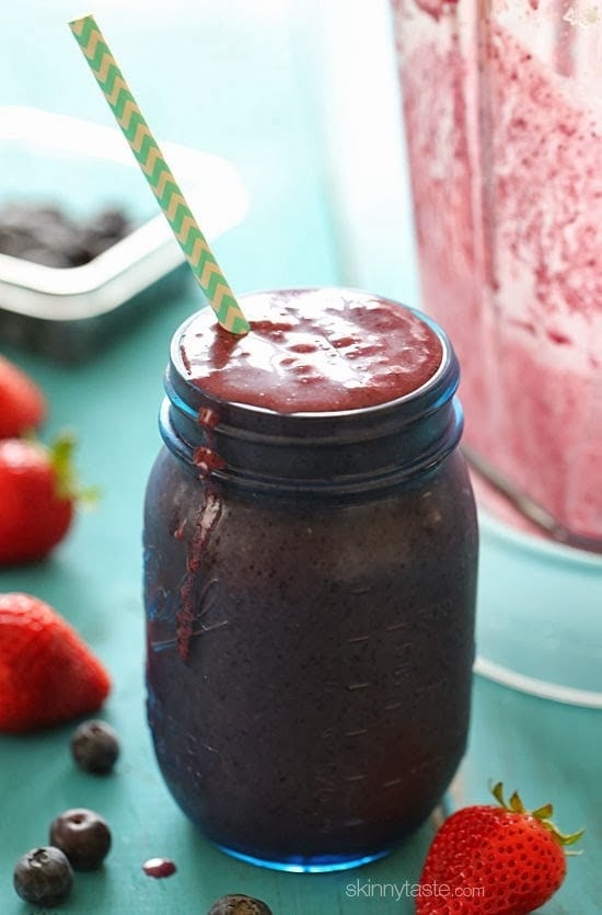 This delicious PB + J Smoothie is made with strawberries, blueberries, peanut butter and almond milk – and it's my favorite smoothie to order when I'm in my gym