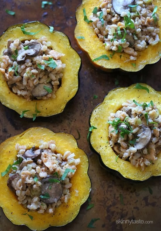 This simple savory sausage stuffed acorn squash is easy to make and filled with the wonderful flavors of Fall. The stuffing is made with farro, chicken sausage, mushrooms, celery, onions and sage – you'll love this!