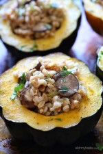This simple savory stuffed acorn squash is easy to make and filled with the wonderful flavors of Fall. The stuffing is made with farro, chicken sausage, mushrooms, celery, onions and sage – you'll love this!
