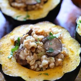 This simple savory stuffed acorn squash is easy to make and filled with the wonderful flavors of Fall. The stuffing is made with farro, chicken sausage, mushrooms, celery, onions and sage – you'll love this!