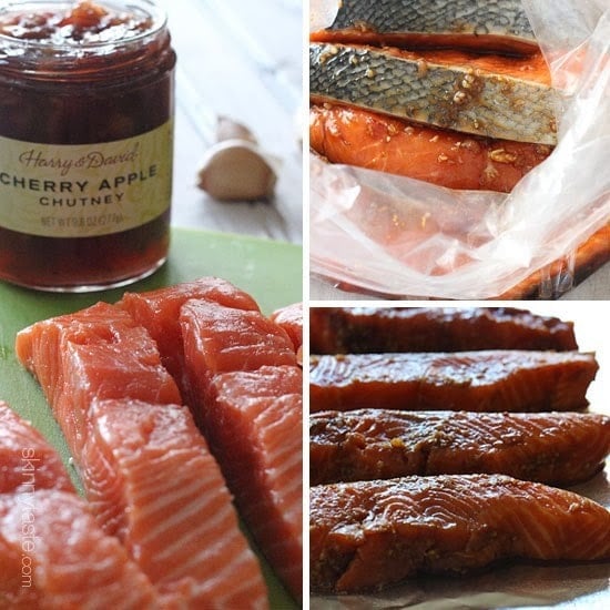 A jar of cherry apple chutney with raw salmon fillets, a bag with raw salmon fillets in marinade, marinated raw salmon fillets on a baking sheet