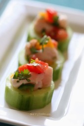 These Ceviche Cucumber Cups are made with fresh raw fish (shellfish), lime juice, onions and cilantro, making it gluten-free, paleo friendly and low-carb!