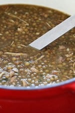 This delicious, hearty chicken and lentil soup made withcilantro, cumin and spices is perfect for warming your belly on those cold winter nights. What's more, it's easy to make, economical and very satisfying.