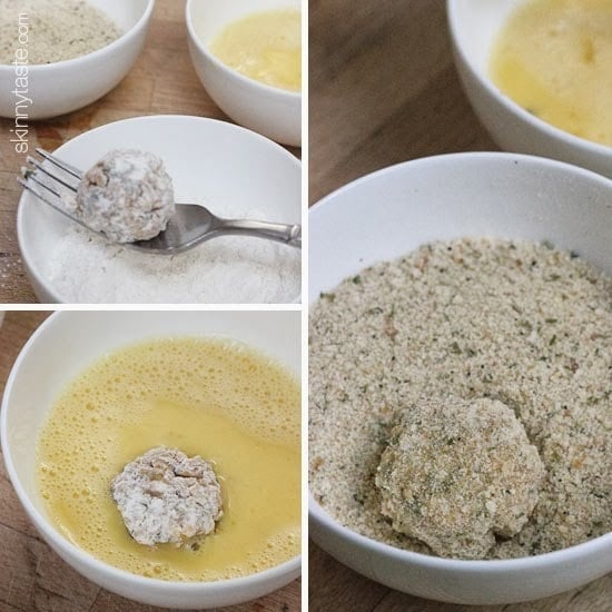 A bowl with an arancini ball being dipped in flour, a bowl with an arancini ball being dipped in egg, and a bowl with an arancini bowl being dipped in bread crumbs
