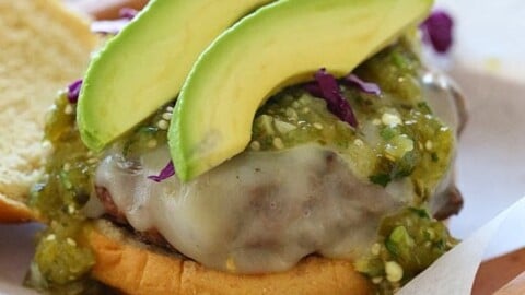 Wow, these Salsa Verde Burgers are OFF THE HOOK! If you need a new burger idea that everyone will love, look no further. These burgers are lean with a mean, green kick topped with pepper jack cheese, salsa verde and avocado – delish!
