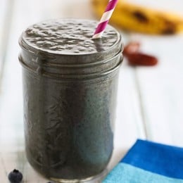 Black is the new green! The dark color of this smoothie is from antioxidant rich blueberries and kale added with almond milk, peanut butter, ripe banana, dates.