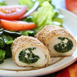 This easy spinach and feta stuffed chicken breasts dinner are basically chicken cutlets stuffed with spinach feta and ricotta, breaded and baked to perfection!