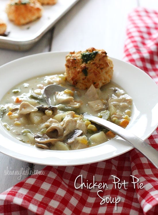 The taste of chicken pot pie, in a soup! Chicken pot pie is ultimate comfort food and this creamy, chunky soup is loaded with chicken, potatoes, mushrooms, peas, carrots, corn, celery, onions and green beans in every bite.