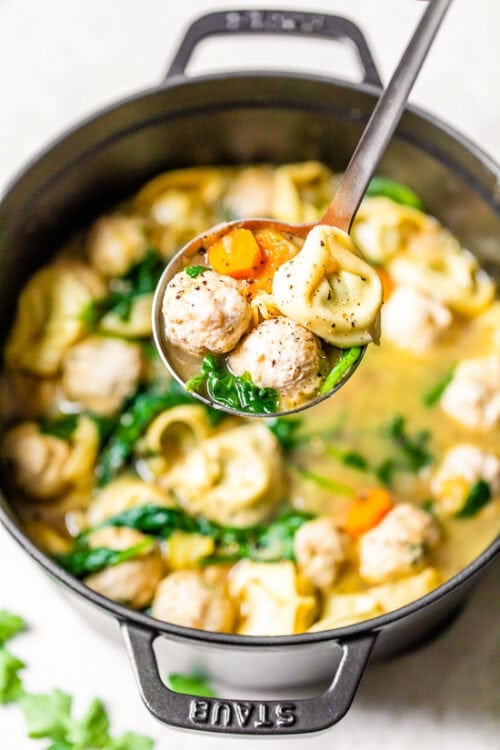 Turkey Meatball Spinach Tortellini Soup in a pot