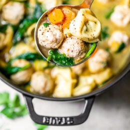 Turkey Meatball Spinach Tortellini Soup in a pot