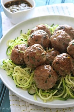 These Asian inspired meatballs are out of this world! Made with ground turkey, ginger, scallions, cilantro and sesame oil with a tangy sesame-lime dipping sauce