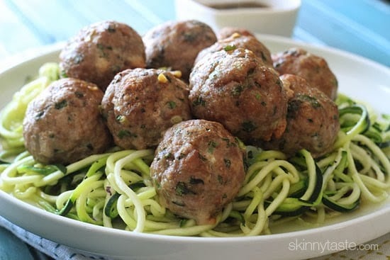 Turkey meatballs over a plate of zoodles.