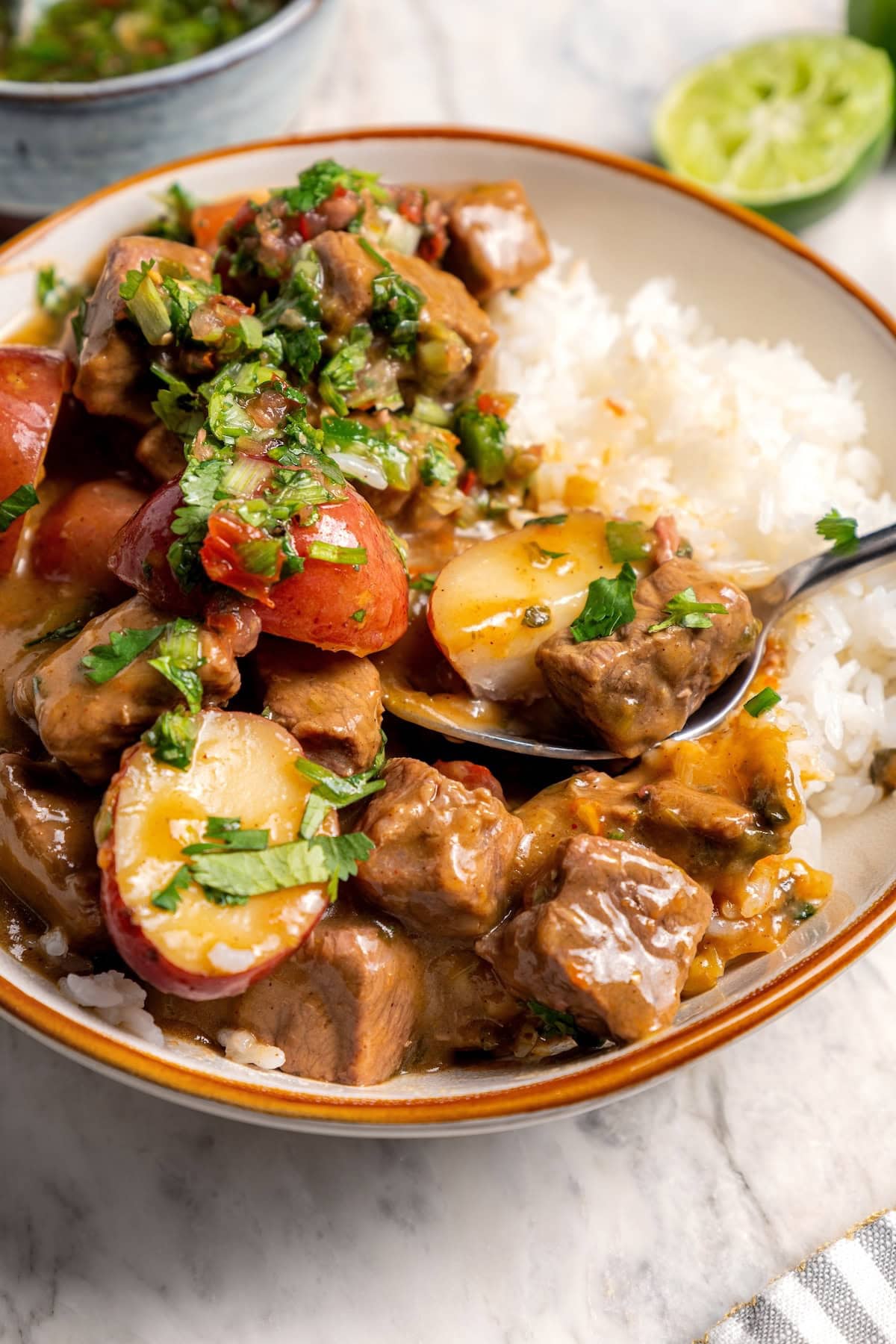 This carne guisada recipe is hearty, flavorful and easy to make in the slow cooker. Tender beef, potatoes and rich sauce make it satisfying! Carne guisada in a bowl with rice and a spoon.
