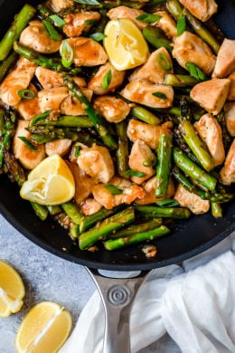 This quick weeknight Chicken and Asparagus Lemon Stir Fry is perfect for spring, made with lean chicken breast, asparagus, fresh lemon, garlic and ginger.