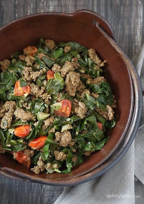 Kenyan braised collard greens and ground beef, also known as Sukuma Wiki, is quick and super easy to make. 