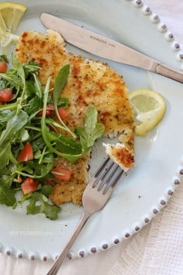 Breaded flounder milanese, lightly pan sauteed and topped with an arugula, lemon and tomatoes – a simple yet delicious way to prepare fish. Perfect for Lent, or any night you're in the mood for fish.