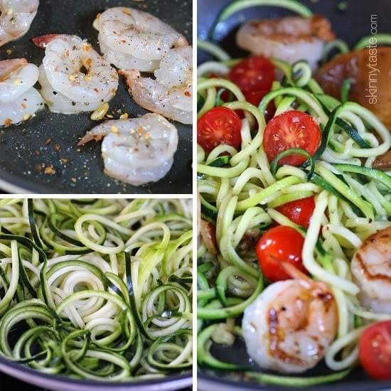 Spicy shrimp with garlic, zucchini noodles (zoodles), tomatoes and a squeeze of lemon – I just inhaled this EASY low-carb, gluten-free, paleo-friendly dish for lunch which took less than 20 minutes to make, start to finish and it was DELICIOUS!