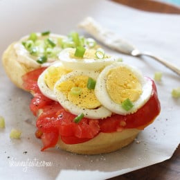 Sliced hard boiled eggs, juicy ripe tomatoes, chopped scallions with a touch of mayonnaise, salt and pepper – enjoy this sandwich for breakfast or lunch.