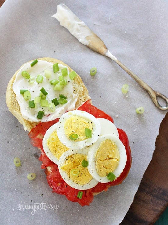 Sliced hard boiled eggs, juicy ripe tomatoes, chopped scallions with a touch of mayonnaise, salt and pepper – enjoy this sandwich for breakfast or lunch.