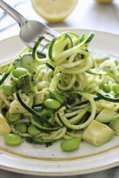 Spiralized Raw Zucchini Salad with Avocado and Edamame is a fresh, quick and delicious salad that takes less than 5 minutes to make, start to finish and there's no cooking involved. It's perfect for the summer because you won't heat up your kitchen!