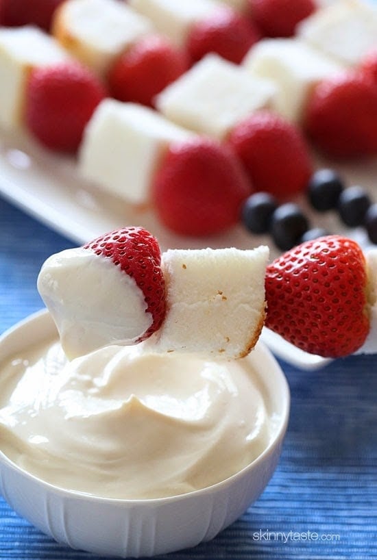 Red, White and Blue Fruit Skewers with Cheesecake Yogurt Dip