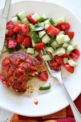 Making meatloaf in the skillet is perfect for busy weeknights – it's ready in less than 30 minutes! I took my basic turkey meatloaf recipe, swapped the ketchup for jarred Mina Harrisa (or you can use homemade), added shredded zucchini and made them in the skillet.