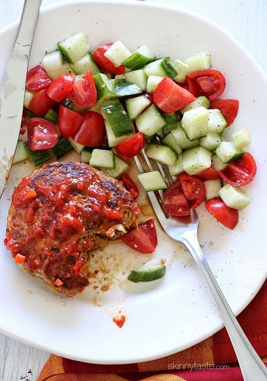 Making meatloaf in a skillet is perfect for a busy weeknight.  It's ready in less than 30 minutes. I took the basic turkey meatloaf recipe, swapped out the ketchup for bottled mina harisa (or you can use homemade), added shredded zucchini, and pan-fried it.