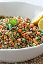 This healthy salad is made with cooked lentils and diced fresh diced carrots, celery, bell pepper, onion, parsley and lemon juice – perfect to make ahead for lunch for the week as the flavors only get better overnight. It's also vegan, high in fiber, protein and only about 100 calories per serving.