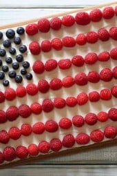 Red, White and Blue fruit "pizza" is more like a cookie bar, topped with cream cheese frosting and fruit – The perfect 4th of July dessert!