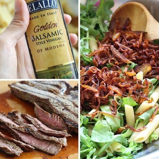 Grilled steak, arugula and pasta salad is topped with sweet balsamic caramelized onions and fresh shaved Parmesan. I'm a sucker for a good steak salad, and this one is AWESOME!